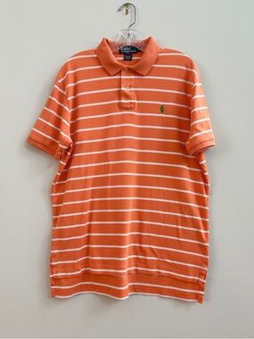 Ralph Lauren Men's Large Orange & White Striped Polo Shirt with Green Pony Logo